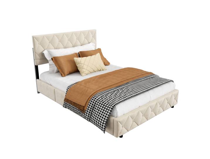 Modfu Polsterbett aus Samt 140x200 cm Beige mit hydraulischem Stauraum, 140x200 cm, Schlafzimmer, Betten, Polsterbetten