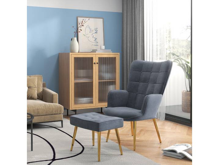 HOMCOM Fauteuil Salon Velours Gris Foncé avec Repose-pied Acier