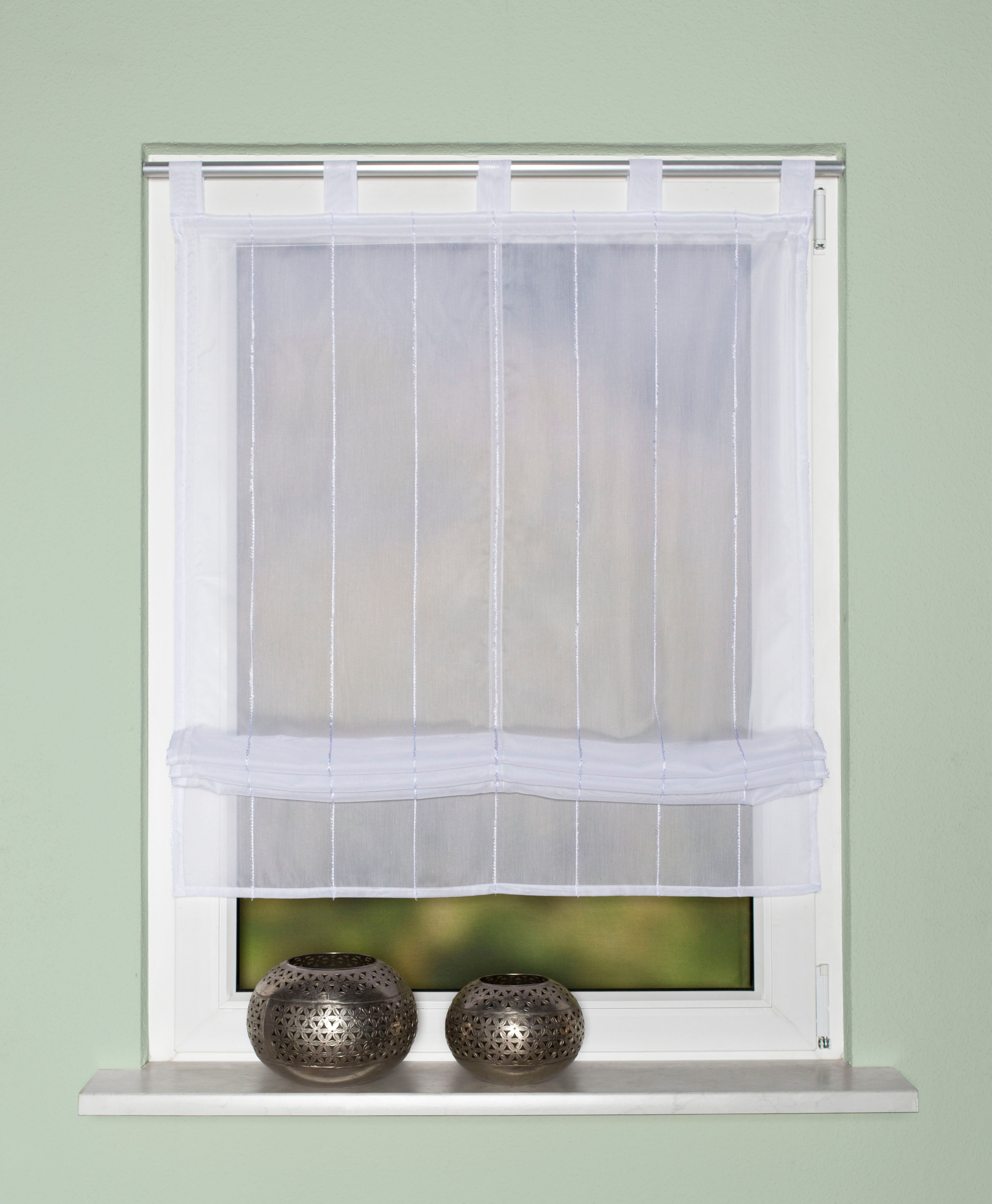 Raffrollo HOME WOHNIDEEN "ELLORA" Gr. 3, weiß, B:120cm H:140cm, Voile, Obermaterial: 100% Polyester, Raffrollos, Raffrollo, Schlaufenrollo ELLORA mit Längsstreifen u.Effektfransen