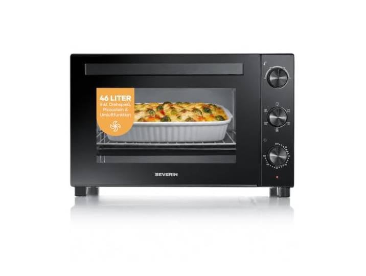 Severin Back- und Toastofen, 46 L, mit Umluft, Pizzastein, Drehspieß, 1800W Garraum für Pizza, Flammkuchen, 100-230 °C, Pizzastein 29 cm, Krümelblech, 120 Min. Timer, Abschaltautomatik, schwarz, 9025