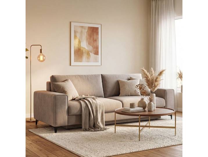 Canapé droit Fiesole en velours beige - 3 places