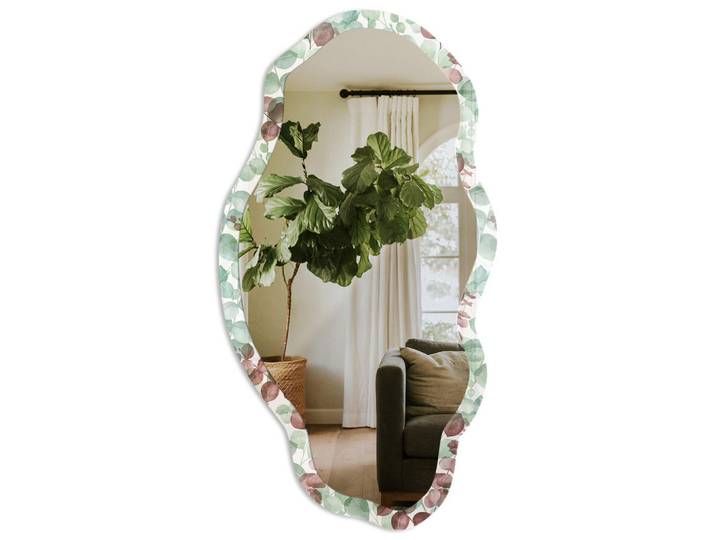Tulup Spiegel 90x45 cm asymmetrisch mit Druck - Aquarellblätter, Transparent, Glas, Organisch, 45x90x0.4 cm, Spiegel, Wandspiegel