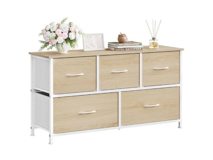Commode Chambre WOLTU - Meuble 5 Tiroirs en Tissu - Bois d'Ingénierie et Métal - Chêne Clair+Blanc W0ITT5024