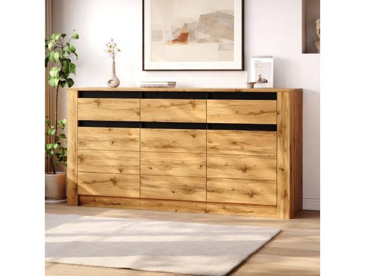 BXEYXE Wellenoptik Sideboard 135×35×70cm aus Spanplatte, moderner Kommode für Wohnzimmer, Kabinett mit 9 Lagerbereiche,naturholzfarbener Beistellschrank mit 3 Schubladen & Schrankfächern,