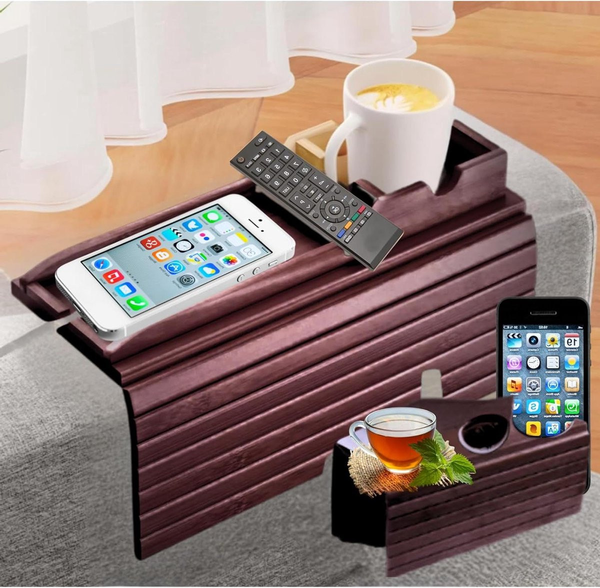 Bank Armleuning Tafel Sofa Organizer met Afneembaar Dienblad - Kastanjebruin - 34 x 42 cm