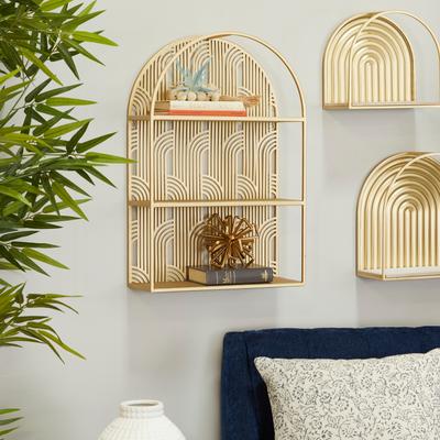 CosmoLiving by Cosmopolitan Gold Metal Rounded 3 Level Geometric Wall Shelf with Arch Pattern
