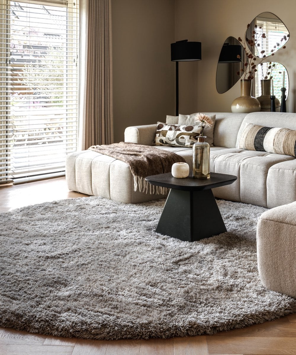 Tapeso Shaggy vloerkleed rond - Meadow grijs