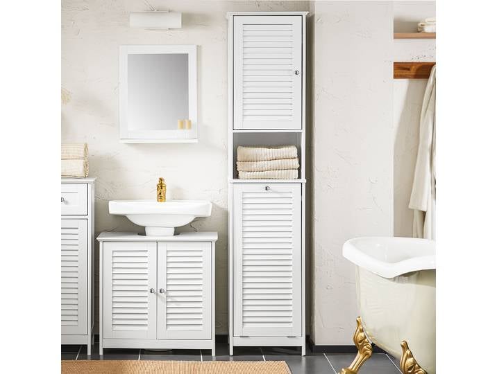SoBuy BZR124-W Armoire haute avec sac à linge pliable, armoire de salle de bain, armoire de salle de bain étroite, armoire à linge, étagère de salle de bain