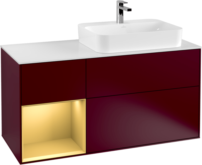Villeroy und Boch Finion Waschtischunterschrank G391HFHB 120cm, Abdeckplatte white matt, Emotion, Regal links Gold matt, Peony Matt