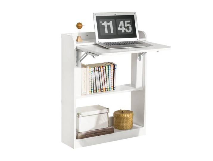 Bureau Mural Pliable 3 Étagères 64x58x82 cm Blanc - Rabattable Compact pour Petit Espace Gain de Place