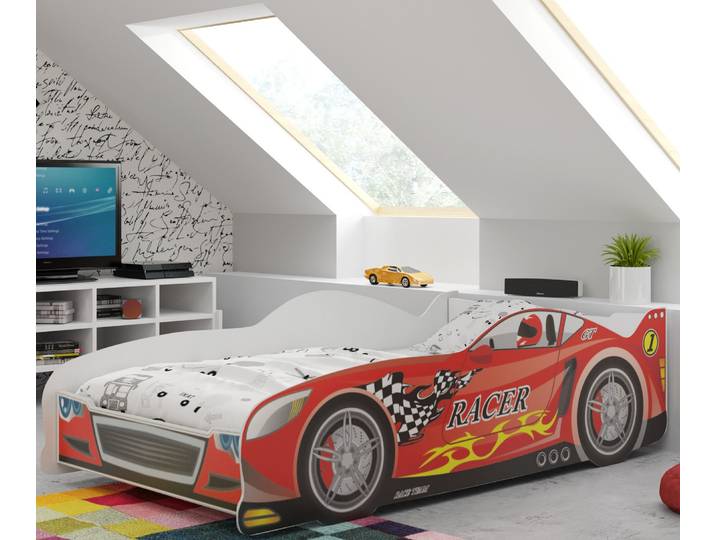 Kinderbett Autobett Cars 80x160 cm Rot - Rennauto Jugendbett mit Rausfallschutz, stabiles Auto Kinderbett im Sportwagen-Design Komplettset inkl. Fe