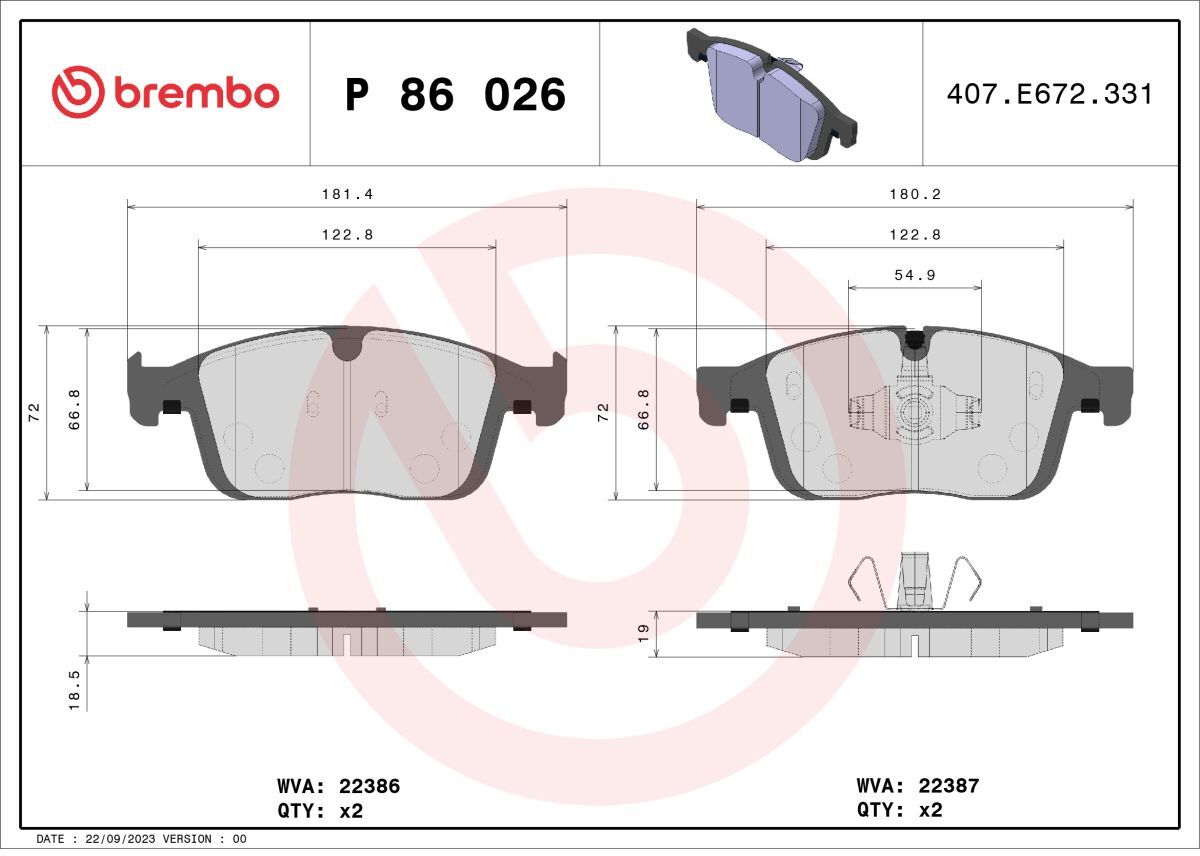 Bremsbelagsatz BREMBO P 86 026, Vorne