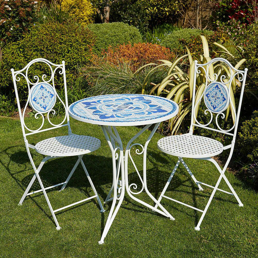 Marlow Home Co. Fenton Mediterranean Mosaic Garden Patio Bistro Set Blue 2