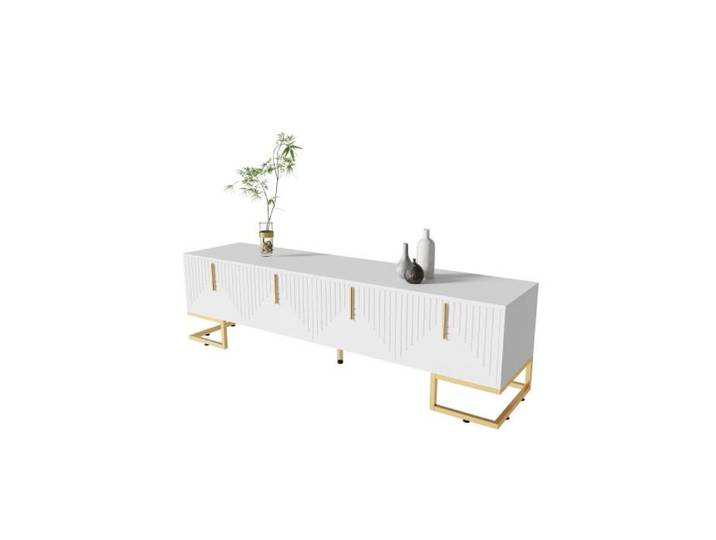 Meuble tv 170 cm gris élégant portes structurées pieds métal doré