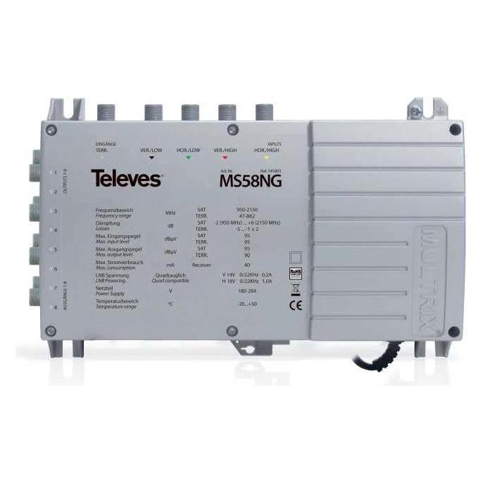 Televes MS56NG. Produktfarbe: Grau. Stecker: F. Breite: 204 mm, Tiefe: 57 mm, Höhe: 130 mm. Abmessungen (BxT (Multischalter) (MS56NG)