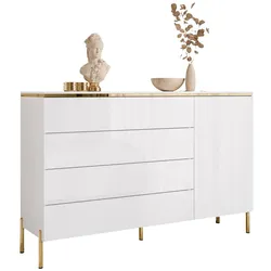 KOMMODE AURORA 4S1D Weiß / Weiß hochglanz mit gerade Goldchrom Fuße