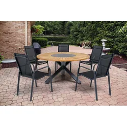 OUTFLEXX Garten-Essgruppe, OUTFLEXX® anthrazit matt, Alu / Teak / Textil, Esstisch Ø 150 cm, 5 Sessel, stapelbar