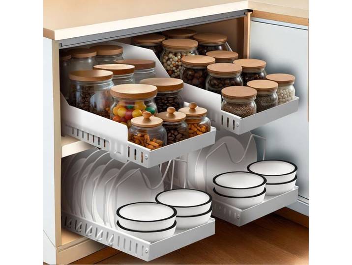Tiroir coulissant cuisine adhesif x1- Profondeur XL 52cm - Spécial caisson 60cm -100% Gain de place - Antichute - Sans perçage