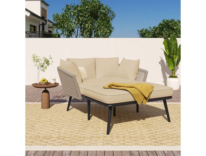 Canapé de jardin - 2 coussins et 2 traversins - Chaise longue d'extérieur - Chaise de jardin - Ensemble de mobilier de jardin - Kaki