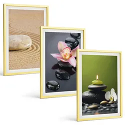 BILDER SET 3er Set - 40x60 cm Goldrahmen - Entspannende Zen-Steinmotive