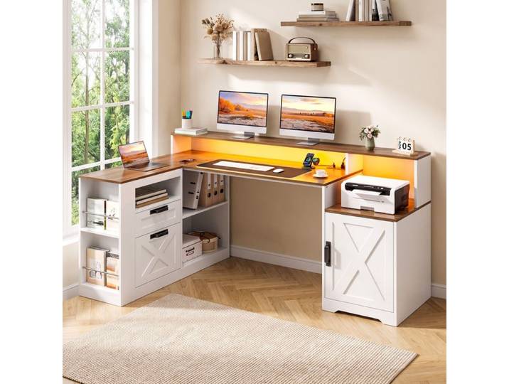 Bureau ordinateur en forme L d'angle éclairage LED FLASIDU armoire et 2 tiroirs grand espace de rangement pour bureau à domicile
