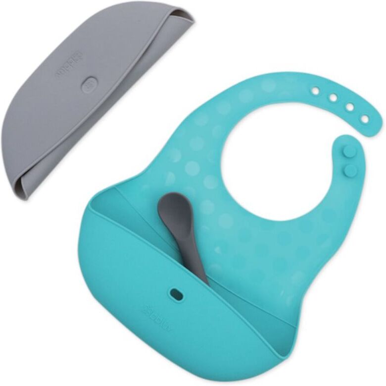 BBLÜV Pöket bavoir avec une cuillère Grey/Aqua 2 pcs