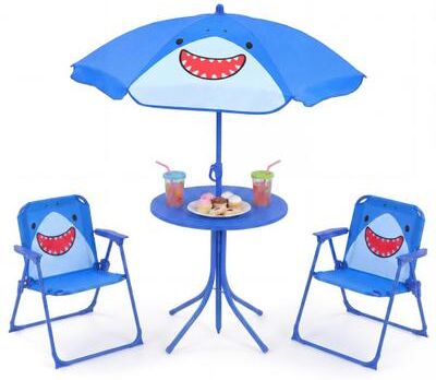 Costway Kids Outdoor Table and Chair Set with 2 Folding Chairs and Height Adjustable Umbrella-Blue
