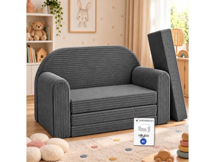 millybo Kindersofa 3in1 Cord Spielsofa Kindercouch Schlafsofa Grau Kindercouch, Cord-Material, Multifunktional, Für Kinder, 3-in-1-Design