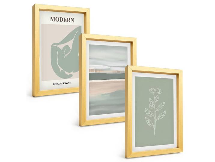 BILDER SET 3er Set - 20x30 cm Goldrahmen - Abstrakte pastellfarbene Pflanzenformen