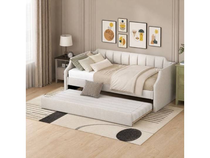 Lit gigogne rembourré – Beige – couchage 90 x 200 cm + lit inférieur 90 x 190 cm