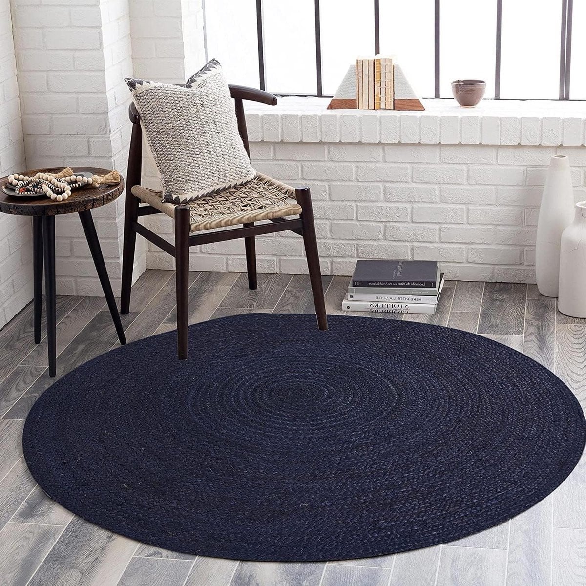 Handgeweven rond jute vloerkleed - Marineblauw