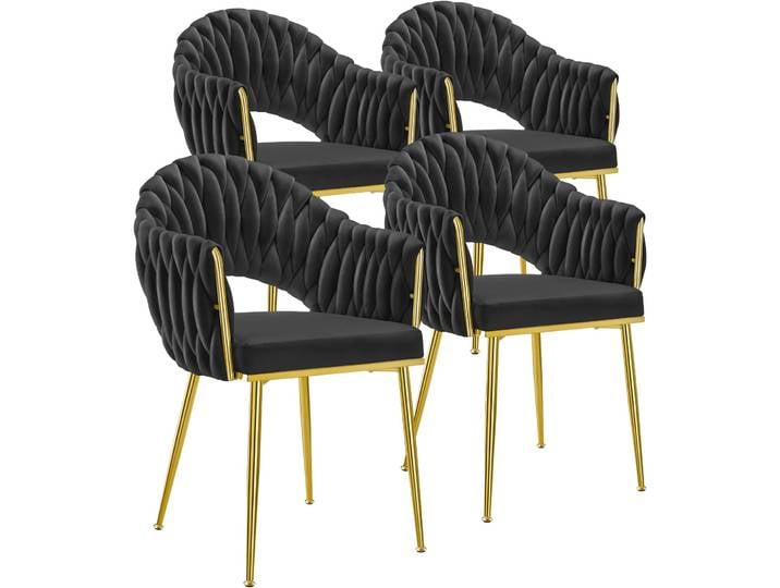 Set Esszimmerstuhl Caslano, Samtbezug, Lehne im Flechtdesign - schwarz/gold