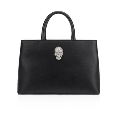 Henkeltasche PHILIPP PLEIN "Leather Medium Handle Bag Skull Strass", Damen, schwarz (0291, schwarz, nickel), Taschen