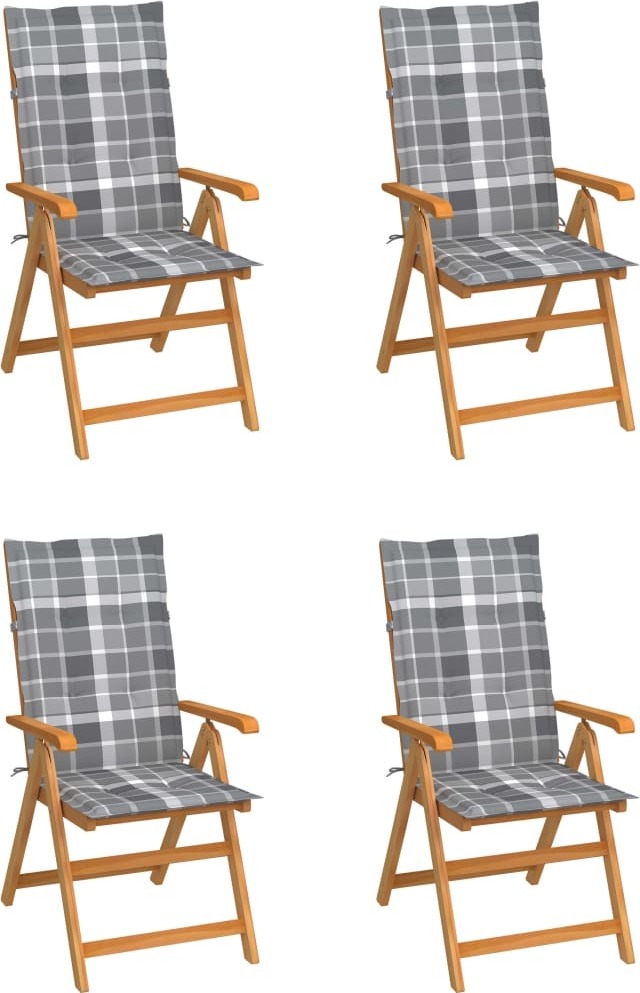 Maison Exclusive - Klappstühle, 4er-Set, grau karierte Kissen, massives Teakholz