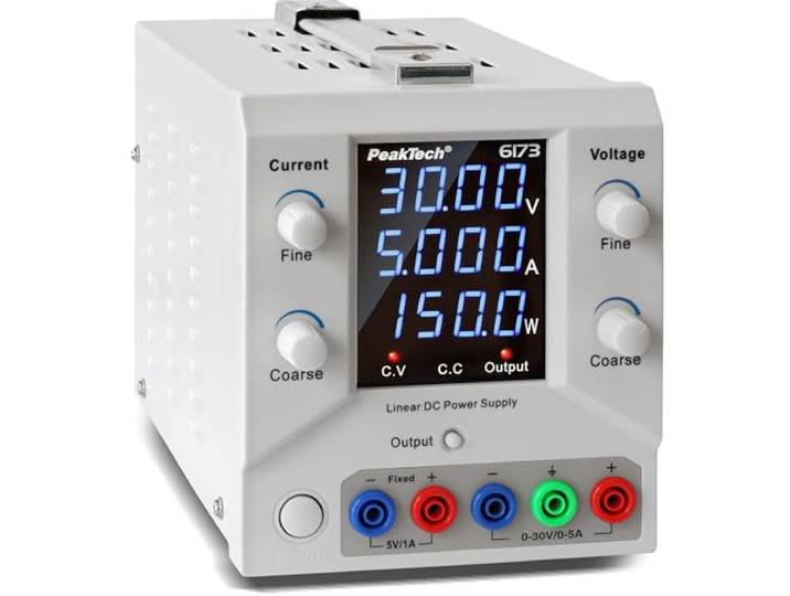 PeakTech 6173 - laboratoriumvoeding 0-30 V / 0-5 A DC SELV lineaire voeding met scheidingstransformator, laboratoriumvoeding met USB en software