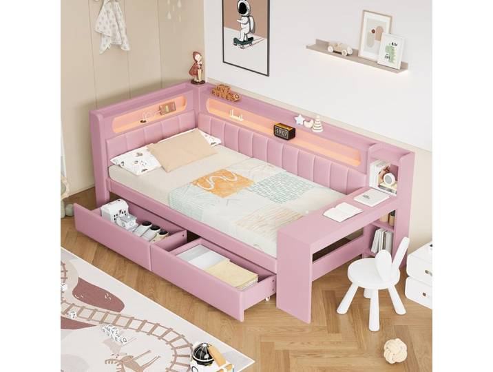 Lit enfant 90x200 cm lit simple banquette bureau intégré MDF rose (Sans matelas)