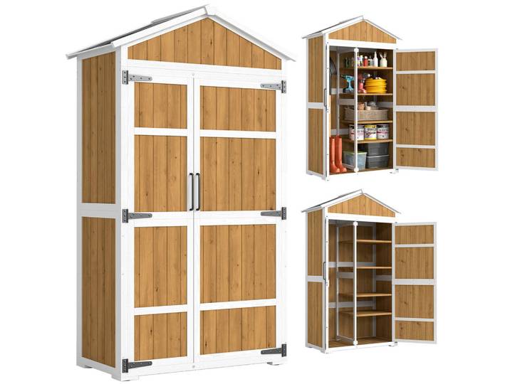 ComfortXL Geräteschuppen De-17624 4 abnehmbare Böden mit Metalldach Naturholz, Naturfarben, Holz, 105x179x55 cm, Gartenzubehör, Geräteschuppen
