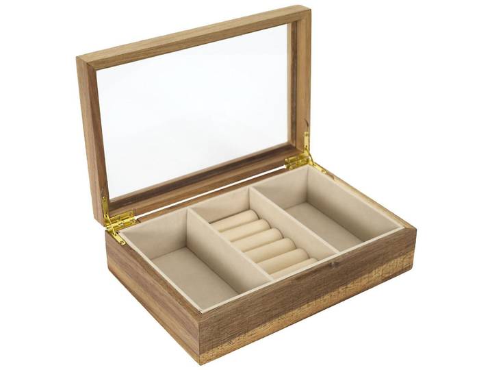 Calicosy Schmuckkasten aus Akazienholz und Glas 16/6,6/24 cm, Braun, Holz, 24x6.6x16 cm, Ordnen & Aufbewahren, Schmuckaufbewahrung