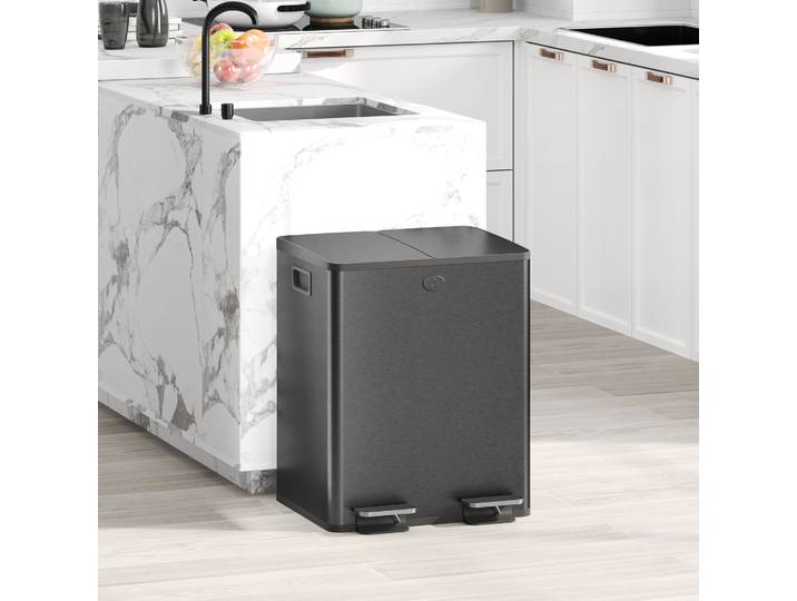 HOMCOM Poubelle 2 Compartiments 2x20L Acier Inox Noir Cuisine