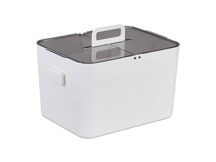 Relaxdays Trousse de Secours\, 5 Compartiments\, 2 Niveaux\, Plastique\, HxLxP : 22x28\,5x21\,5 cm\, Blanc/Gris