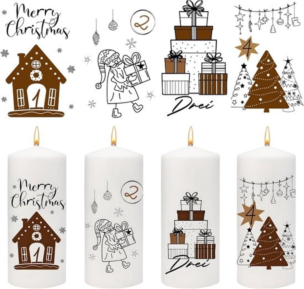 Adventskaarsen Stickers Set met Nummers en Kerst Designs voor Dikkere Kaarsen
