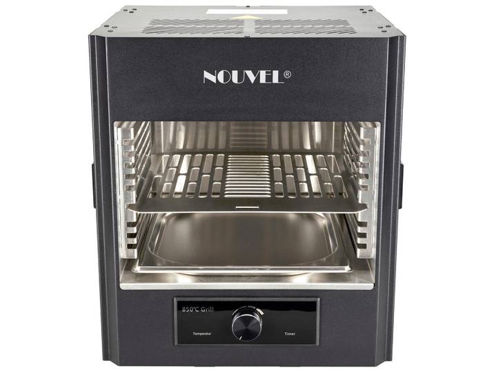 Nouvel Elektrogrill, Schwarz, Metall, Kunststoff, 36x41.5x38 cm, Temperaturanzeige, Warmhalteplatte, Cool-Touch -Griffe; Temperatur einstellbar, Fettauffangschale, gleichmässiges Grillen, Grillen, Grills