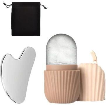 Uplift Picks Ice Face Roller And Stainless Steel Gua Sha Set brown