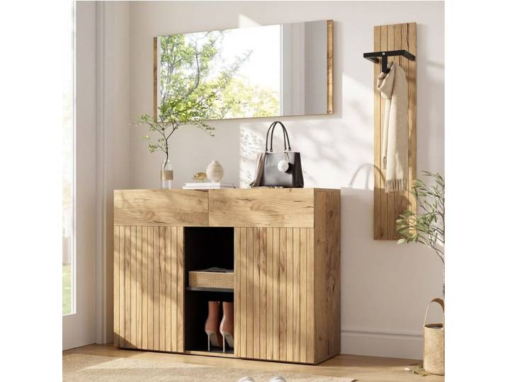 Ensemble Vestiaire d'Entrée avec Meuble à Chaussures Miroir Mural et Porte-Manteau MDF Naturel et Noir