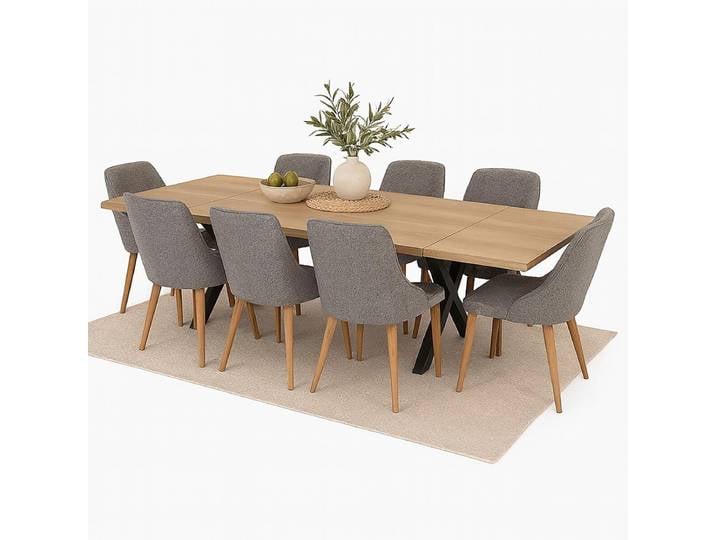 Baumkantentisch White Wash 180x90cm mit 2 Ansteckplatten Wildeiche mit X Fuß