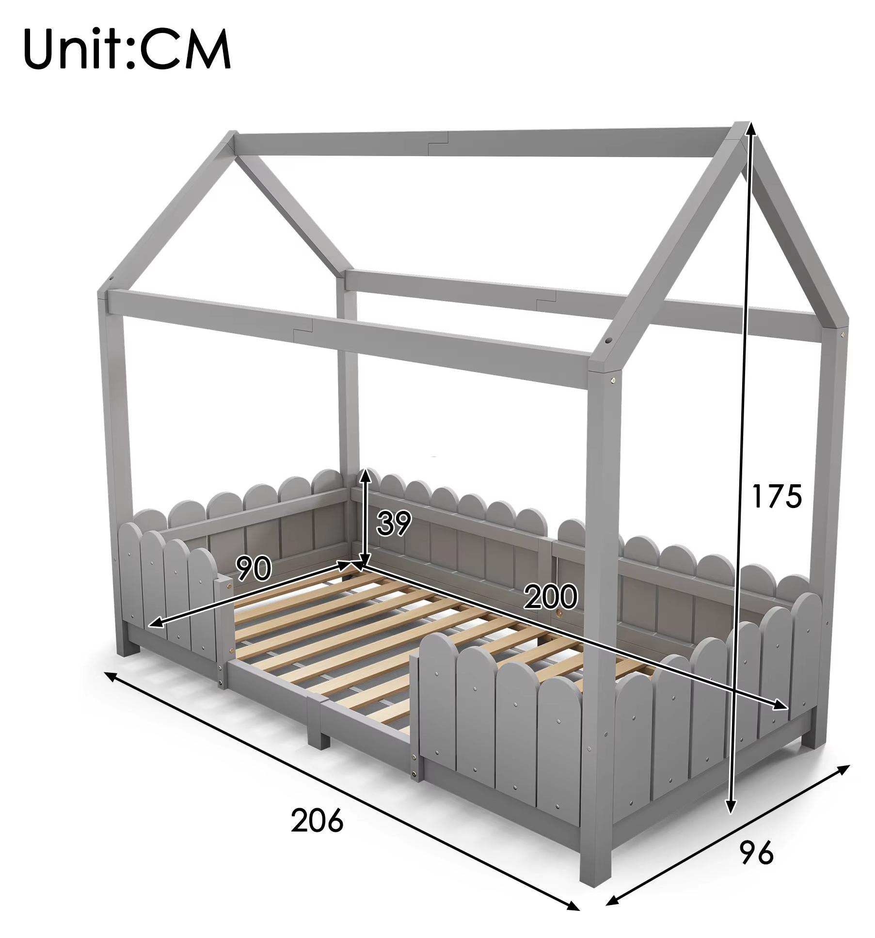 Kinderhausbett - Holzbett - 90 x 200 cm - Rausfallschutz - Lattenrost - Ohne Matratze - Dunkelgrau