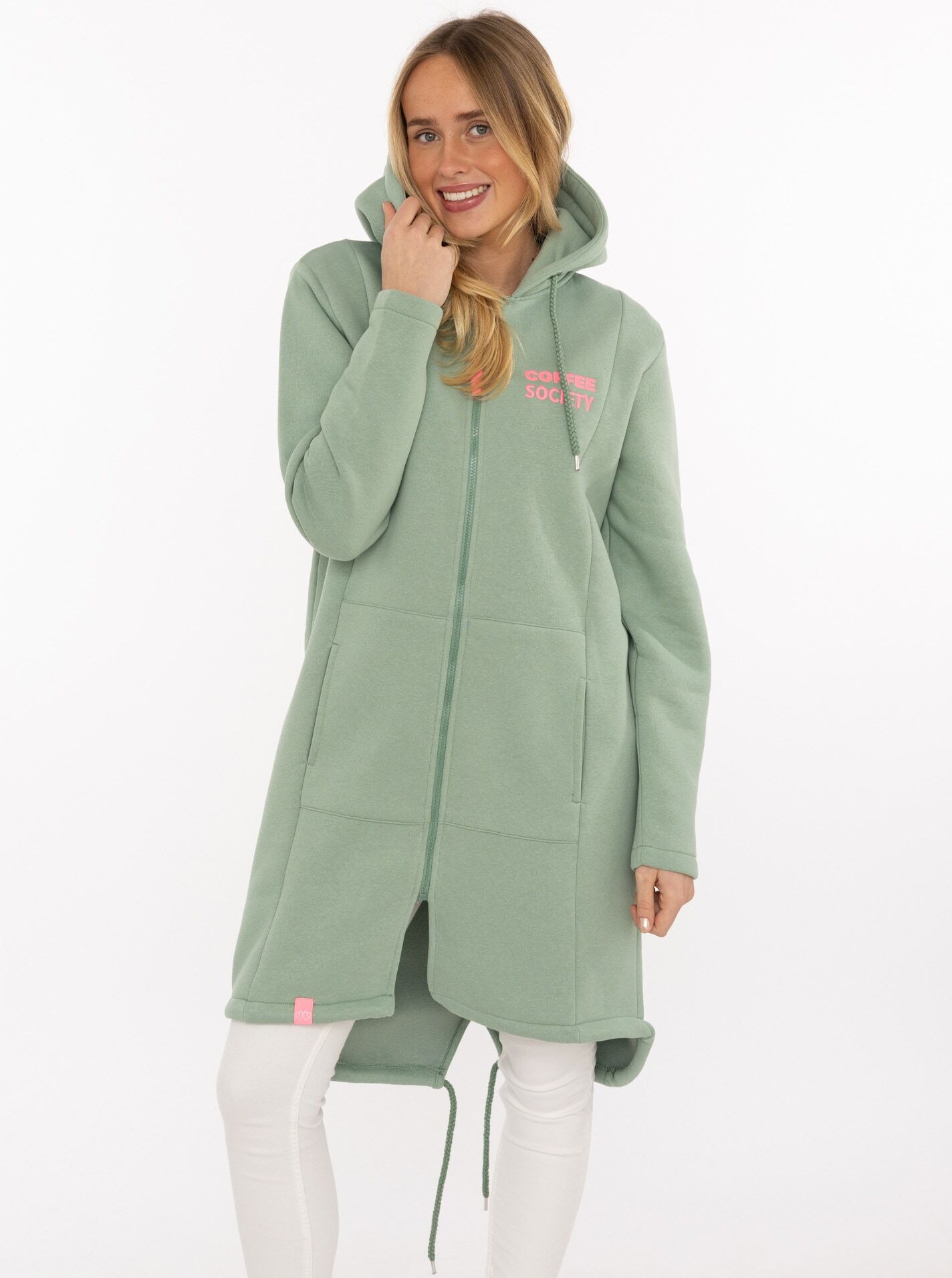 Kurzmantel ZWILLINGSHERZ "Morning Coffee", Damen, Gr. S, grün (iceberg grün), Sweatware, Obermaterial: 50% Baumwolle, 50% Polyester, Mäntel Kurzmantel, grosse Stickerei hinten, Taschen, Reissverschluss iceberg grün S