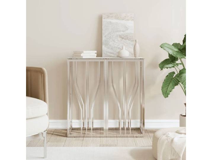 Table console en acier inoxydable - - Argent - 70x30x70 cm - Verre trempé - Finition marbre blanc