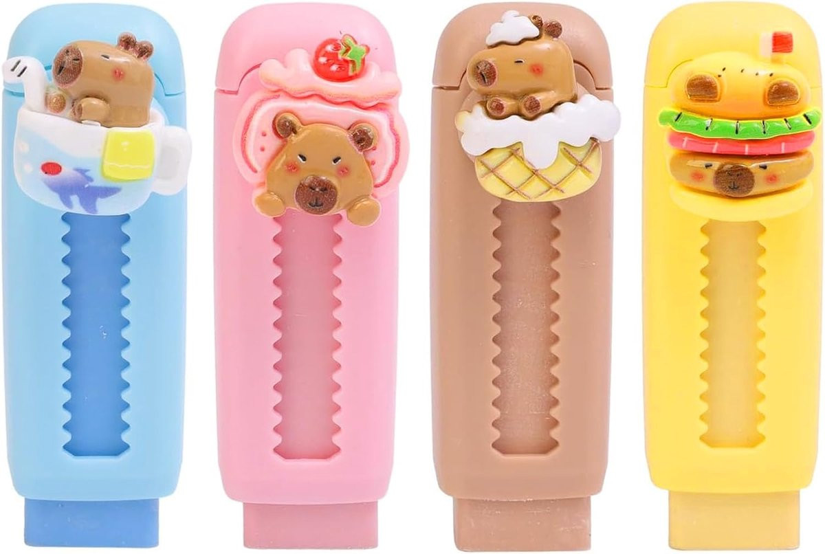 Set van 4 intrekbare Capybara radiërgums voor kinderen en kantoorartikelen