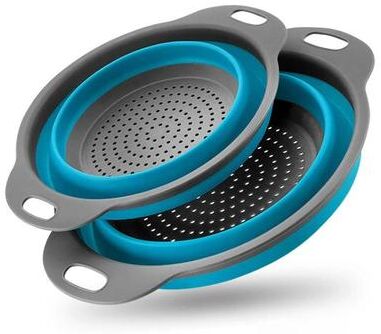 Inspired Living FlexDrain Collapsible Silicone Colander & Produce Washing Basket blue Set